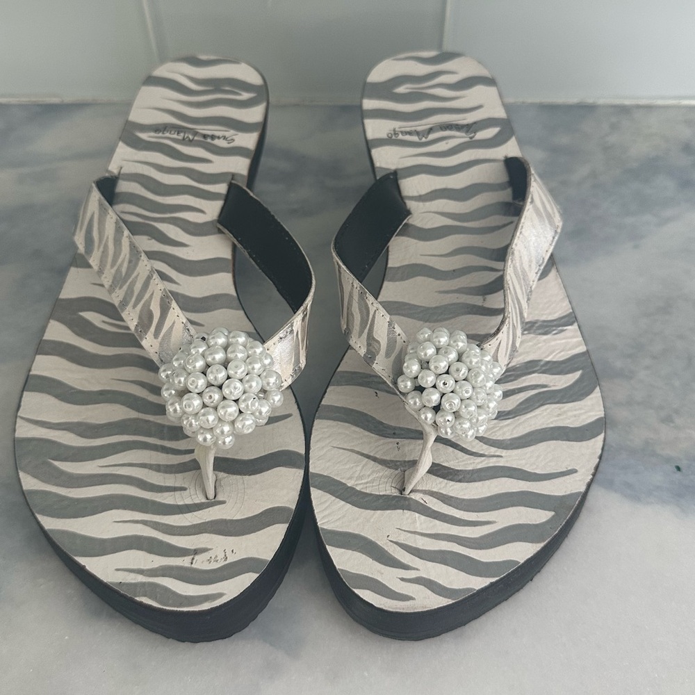 Stylish Zebra Print Flip Flops with Pearl Cluster Embellishment by Susan Mango 8